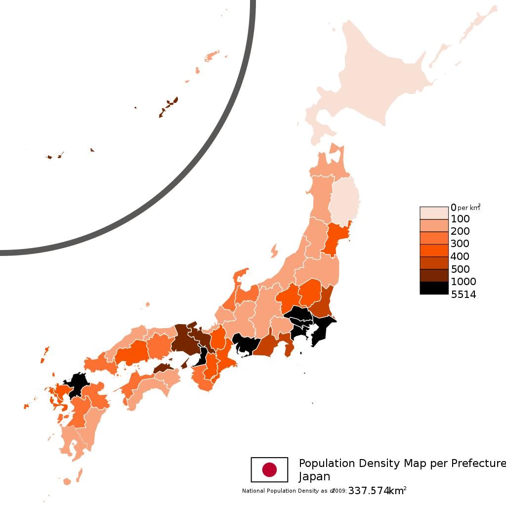 bevolkingsdichtheid kaart japan